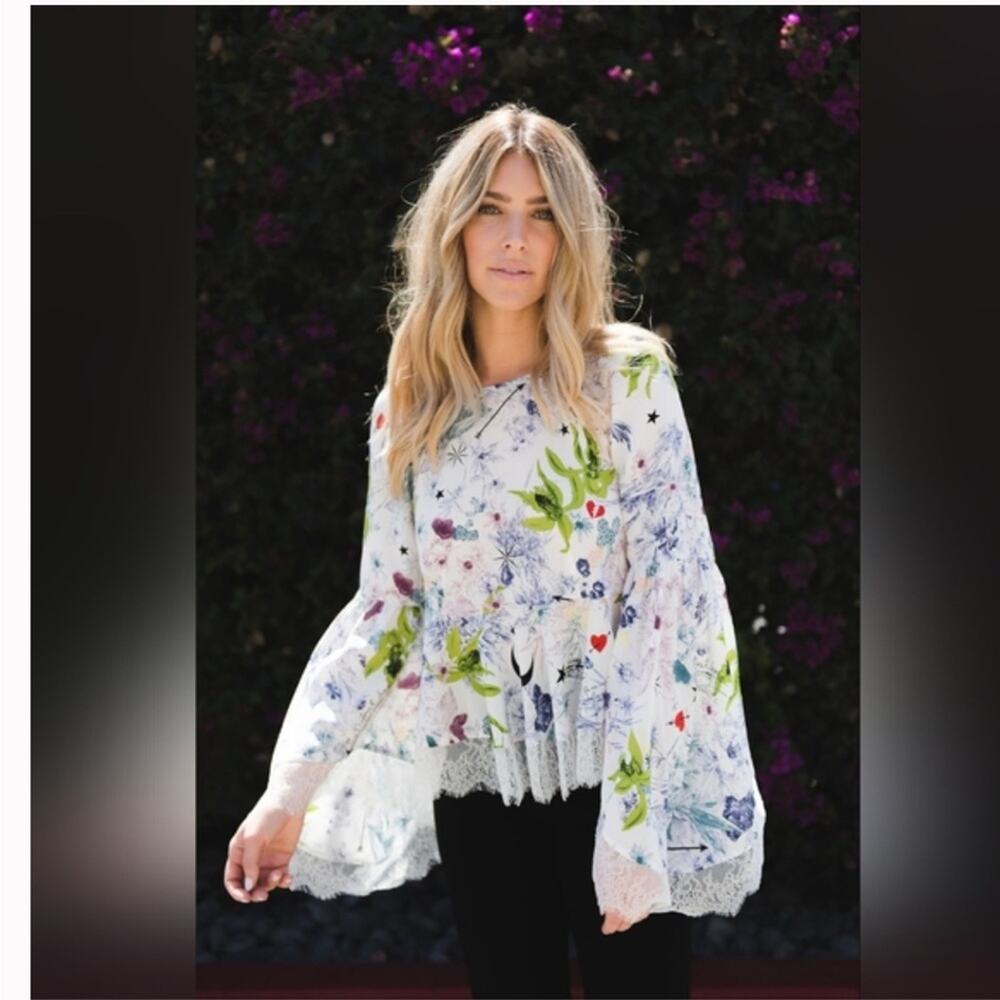 Cinq a Sept 5a7 Avalon Floral-Print Silk Top Blouse with Lace Sz:XS